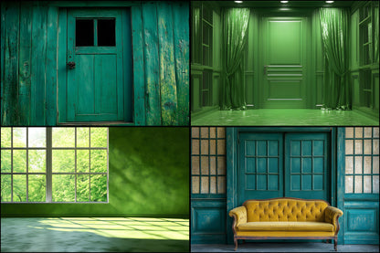 Royal Green Interior Backdrop Set, Photography Backgrounds, Digital Download for Photographers, Elegant Home Decor Photo Overlays