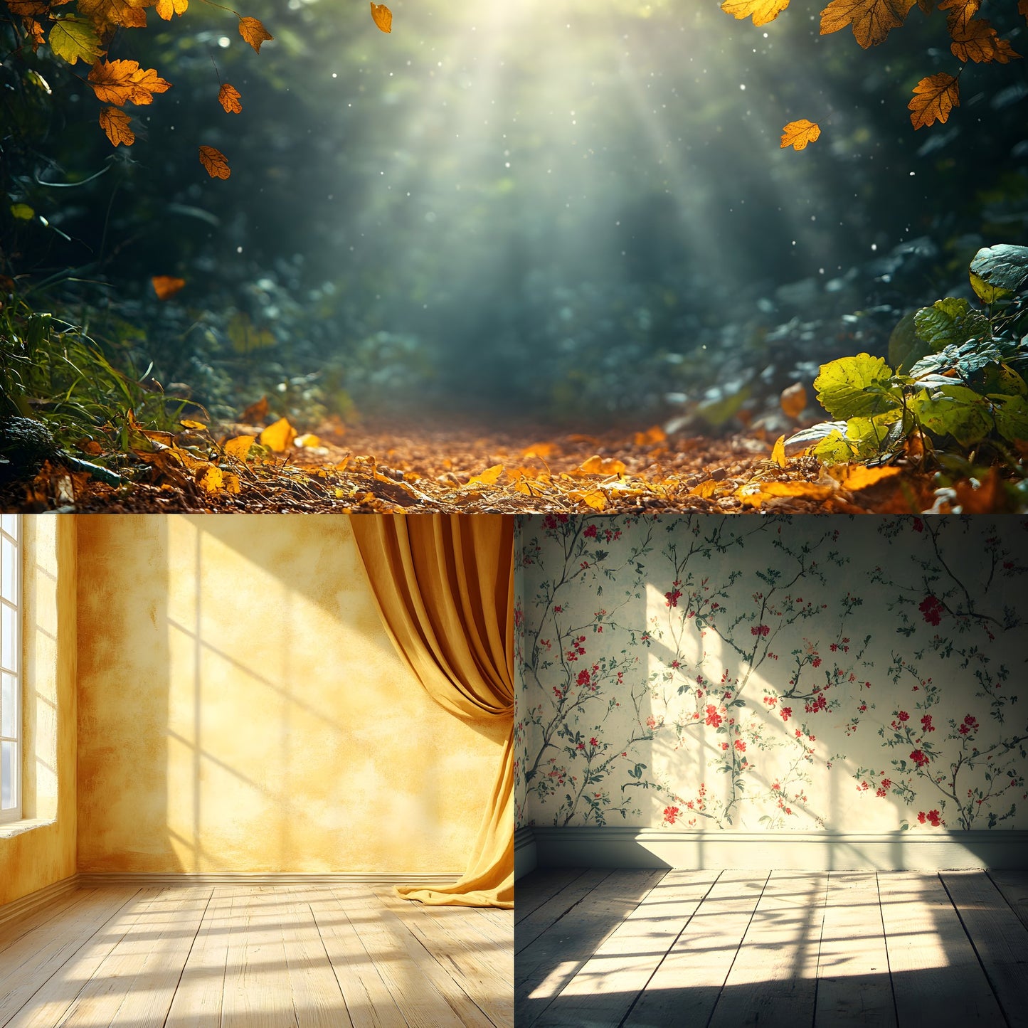 Vintage Sunlit Room Digital Backdrop, Wallpaper Background for Photography, Photo Editing, Dreamy Scene