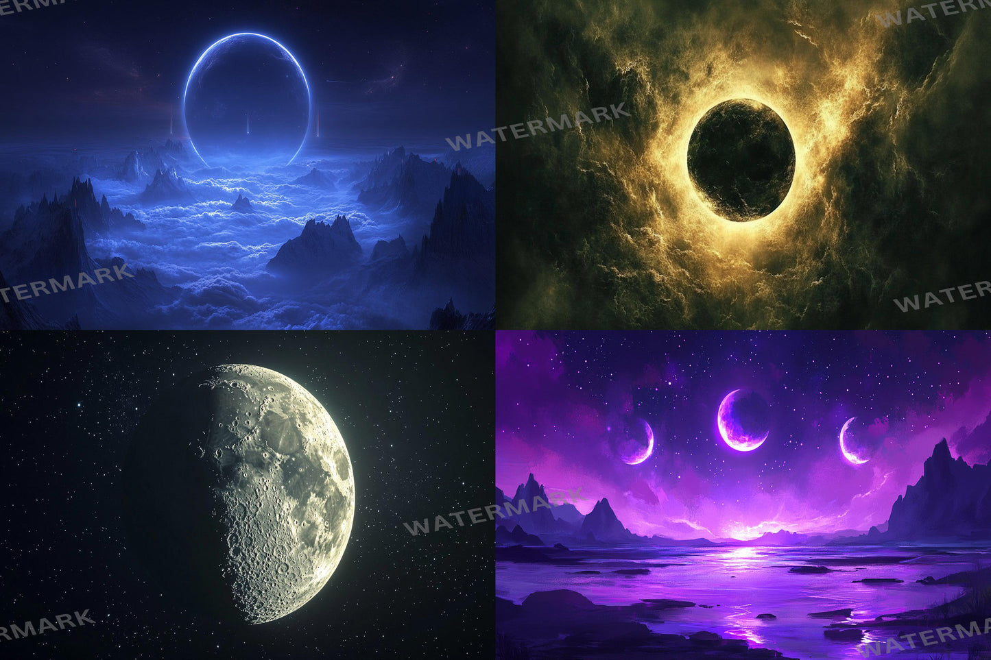 Celestial Moons digital backdrop, 16:9 ratio. Beautiful moons in a starry sky, perfect for TV wallpaper or streaming background