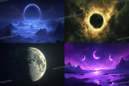 Celestial Moons digital backdrop, 16:9 ratio. Beautiful moons in a starry sky, perfect for TV wallpaper or streaming background