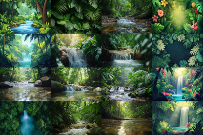 Tropical Forest streaming background, 16:9 ratio. Lush nature scenery with vibrant greenery and waterfalls, photography backdrop.