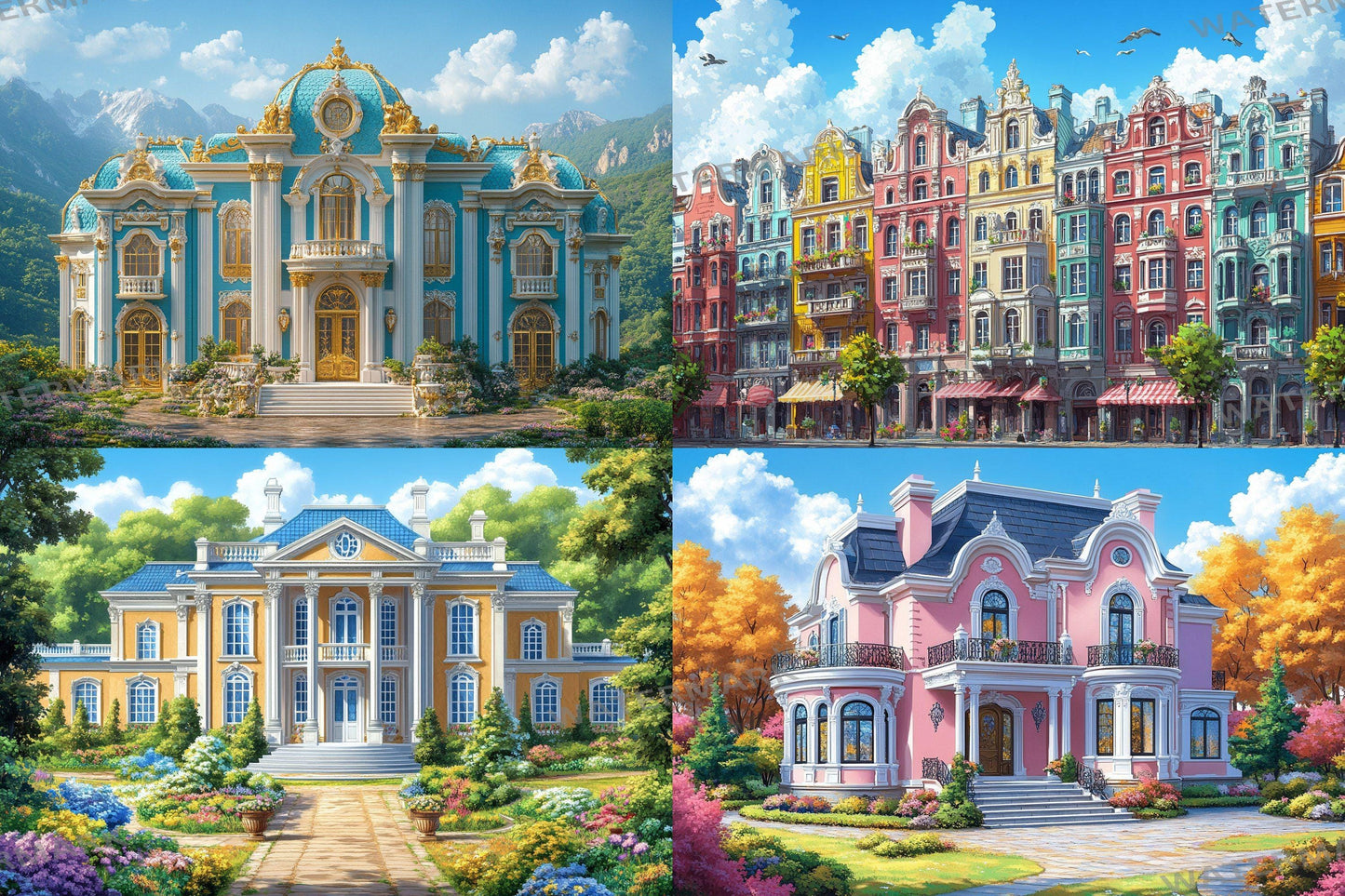 Baroque House Interior Backdrops, Elegant Mansion Photography Backgrounds, Ornate Architecture - Colorful Buildings - Baroque Backdrops