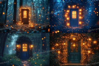 Fairy Lanterns Backdrops - Magical Forest Scenes with Glowing Lanterns and Enchanted Doorways - Fairytale Storybook PNG Backgrounds