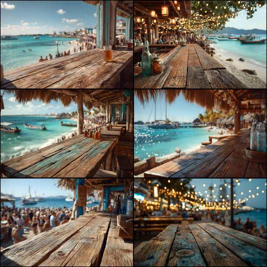 Beach Bar Photography Backdrops - 2JPGs | Tropical Island Digital Backgrounds, Ocean View Photo Overlays, Summer Vibes Studio Props