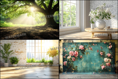Vintage Sunlit Room Digital Backdrop, Wallpaper Backgrounds, Photography, Cozy Interior Scene, High-Resolution Images, Photo Overlays