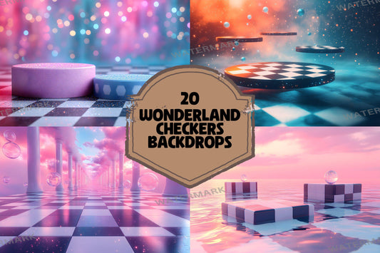 Wonderland Checkers Digital Backdrop Bundle - Surreal Fantasy Backgrounds with Checkerboard Floors for Whimsical Photoshop Composites Craft