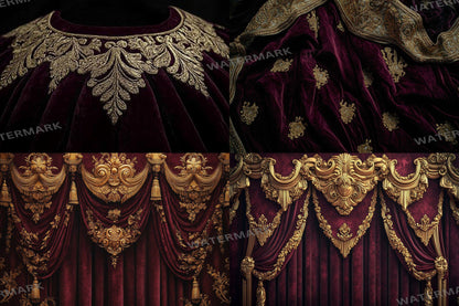 Opulent Gold Drapes Backdrops, Royal Velvet Curtains Digital Backgrounds, Luxury Red Gold Photography Props, Baroque Theatre Stage