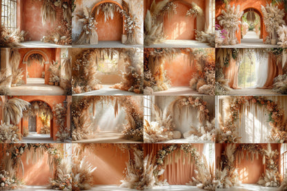 Boho Terracotta Backdrops - Warm Rustic Pampas & Elegant Archway Digital Backgrounds for Photoshop, Master Overlays, Maternity, Wedding