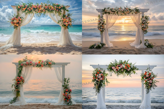 Beachfront Bliss Backdrops, Digital Tropical Wedding Background, Seaside Ocean Photo Booth Prop, Summer Coastal Photography Scene Assets
