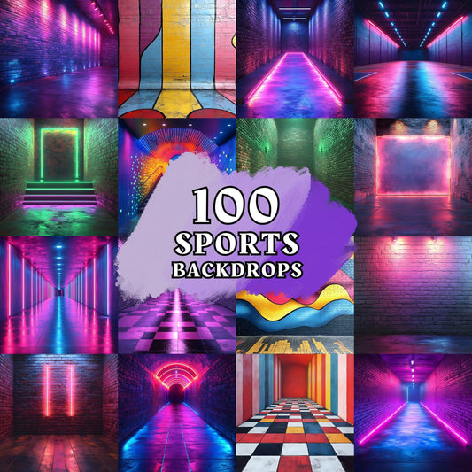 Sports Background Bundle, Neon Light Overlays, Digital Sports Backdrops For Football, Softball, Soccer, Basketball, Baseball Photos