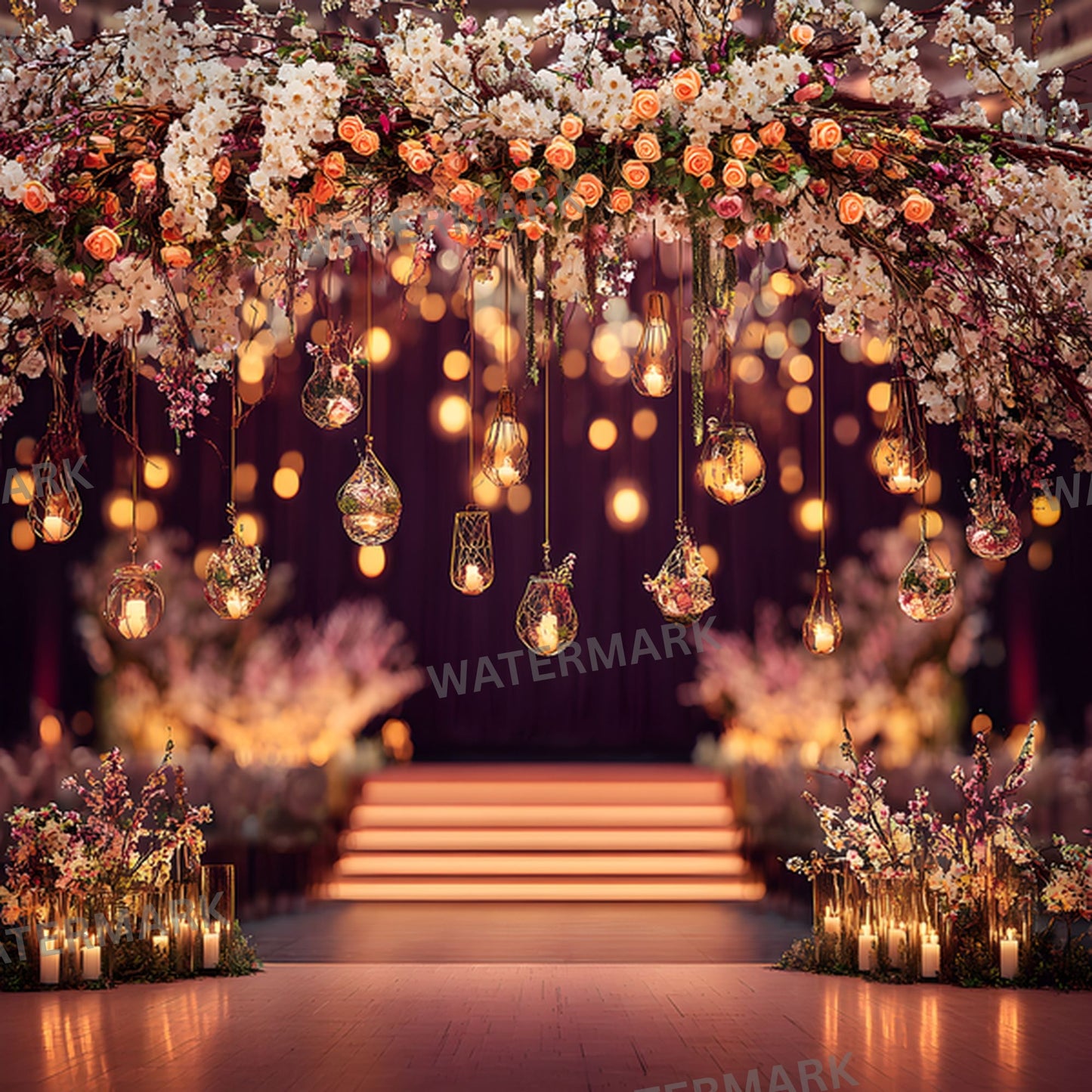 Empty Stage Red Stairs Lights Digital Backdrop, Photography Background, Theater Stage Photo Prop, Square Format, Dramatic Scene, High Resolution Image