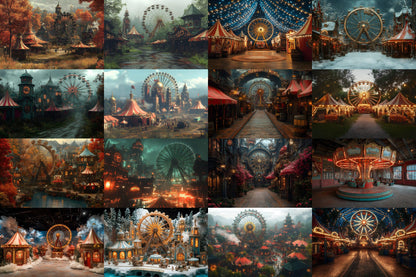 Steampunk Carnival Backdrops | Vintage Circus | Mechanical Fairground | Retro Fantasy | Digital Backgrounds