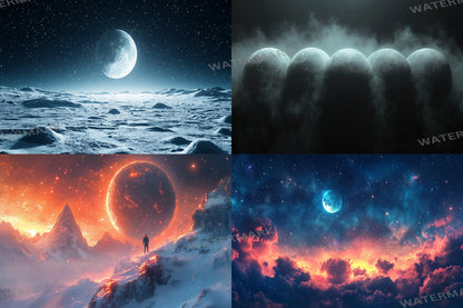 Celestial Moons streaming background, 16:9 ratio. Dreamy moons, starry sky, glowing landscape, digital backdrop. Photography Background