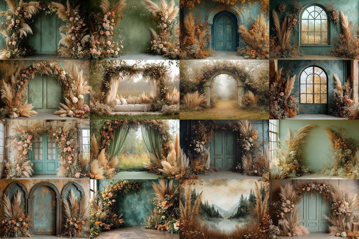 Boho Olive Arch Photography Backdrops for Digital Artists  Photographers - Warm Inviting Aesthetic - Commercial Use Allowed