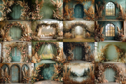 Boho Olive Arch Photography Backdrops for Digital Artists  Photographers - Warm Inviting Aesthetic - Commercial Use Allowed