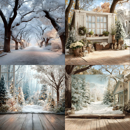 White Gold Christmas Backdrop, Snowy Outdoor Scene Photography Background, Holiday Photo Booth Prop, Winter Wonderland Digital Image for Portraits