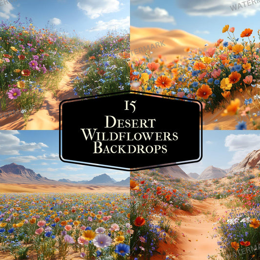 a desert with wildflowers and mountains in the background