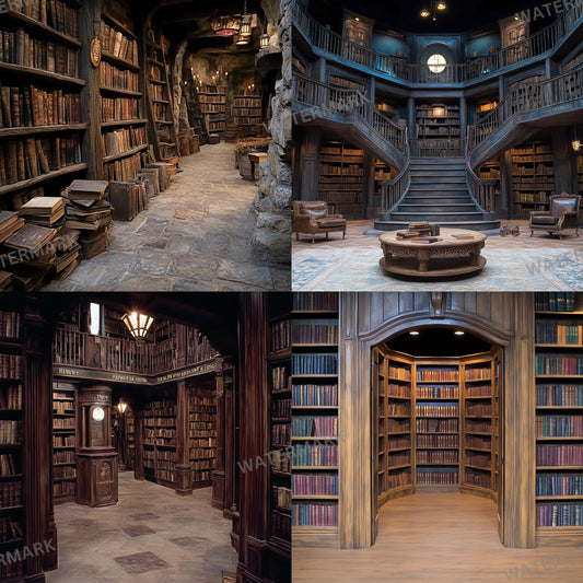 Wizard School Library 7 Photography Backdrops - Magical, Vintage Bookcases, Dark Academia, Enchanted Study Spaces