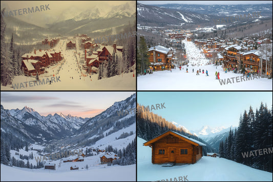 Vintage Ski Cabin Digital Backdrop Set, Winter Scenery Backgrounds for Photography, Cozy Fireplace Scene, Photo Overlays, Snowy Mountain View