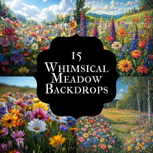 Whimsical Meadow Digital Backdrops ��������� Enchanted Floral Nature Backgrounds for Photo Editing, Photography & Floral Wildflower, Photoshop