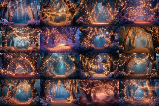 Fairy Light Forest Backdrops for Photography Overlay - Warm Aesthetic PNGs for Digital Art