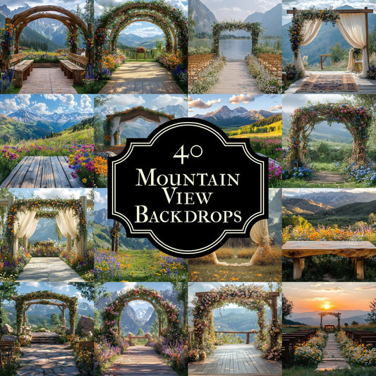 Mountain View Photography Backdrops Bundle, Rustic Arches, Scenic Landscapes, and Wedding Floral Aisles for Portraits and Wedding Background