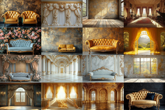 Gold Vintage Room Digital Backdrops for Regal Palace Photography | Baroque Luxury Mansion Photoshop Composites & Overlay - Backgrounds
