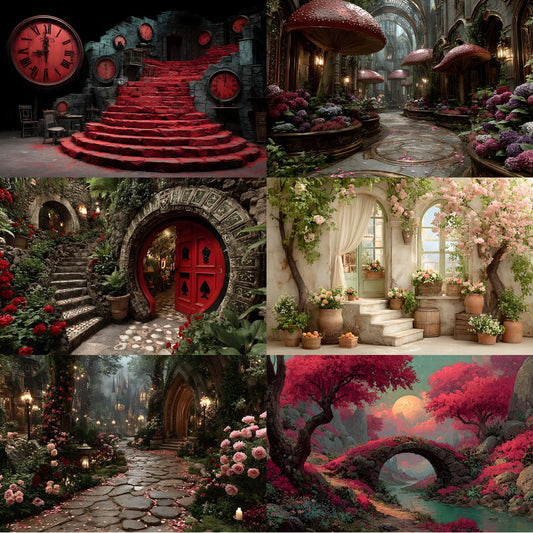 Alice in Wonderland Backdrop Set, Whimsical Digital Backgrounds for Photography, Storybook Theme, Dreamy Photo Prop, Party Decor