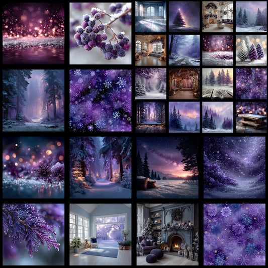 Purple Christmas Backdrop, Snowy Indoor Scene Photography Background, Holiday Photo Booth Prop, Square Format Digital Download, Winter Wonderland
