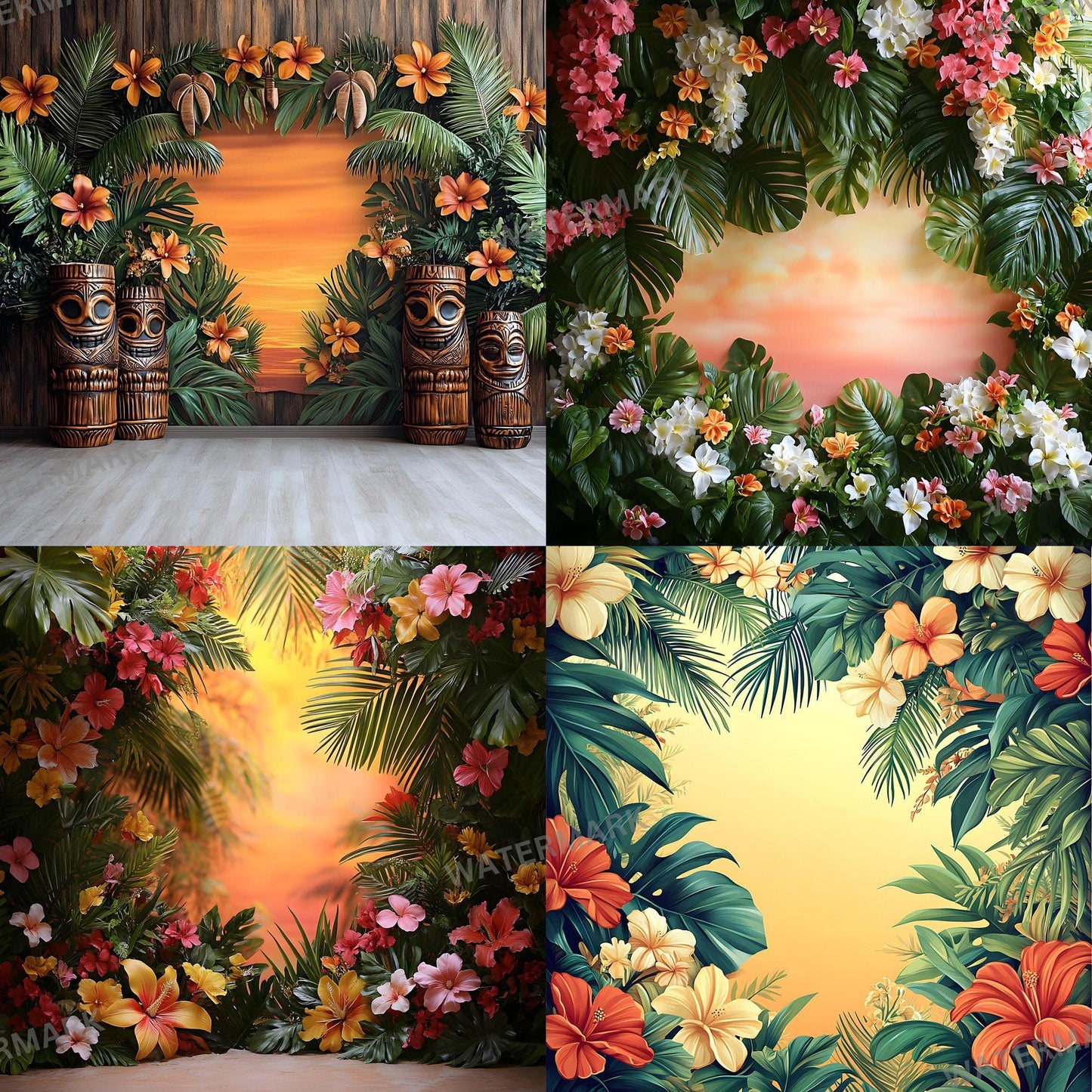 Tropical Luau Backdrops - Vibrant Beach & Palm Tree Digital Backgrounds for Summer Photography - Tropical, Hawaii, Studio Backgrounds