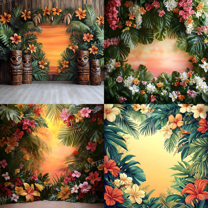Tropical Luau Backdrops - Vibrant Beach & Palm Tree Digital Backgrounds for Summer Photography - Tropical, Hawaii, Studio Backgrounds