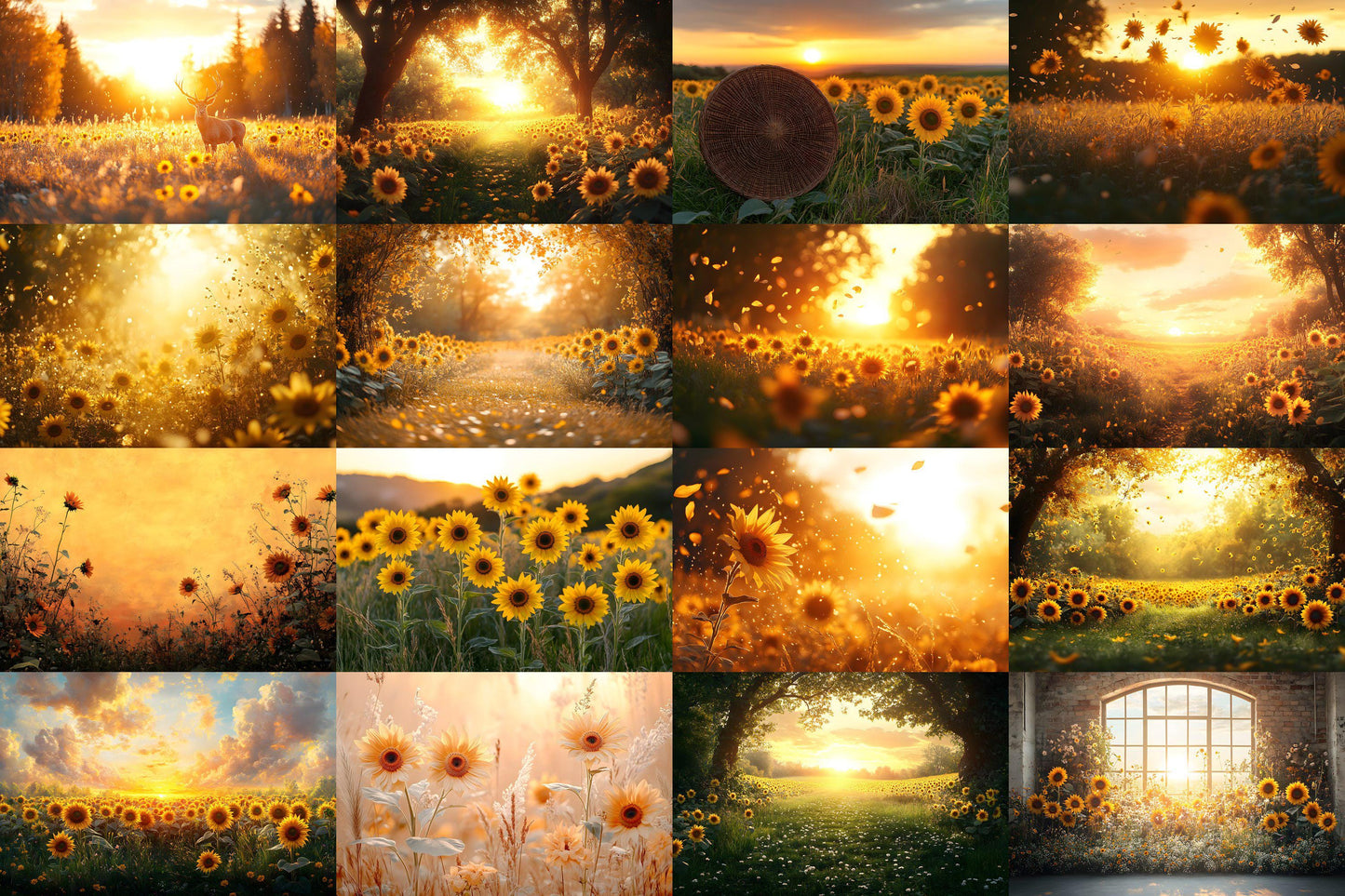 Sunset Sunflowers Backdrops - Golden Hour Field Digital Backgrounds, Rustic Floral Photography Backdrop, Summer Aesthetic