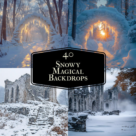 Enchanted Winter Digital Background Bundle - 4Snowy Magical Forest & Ruin Scenes, Icy Arch Backdrops for Fantasy Portraits and Photoshop