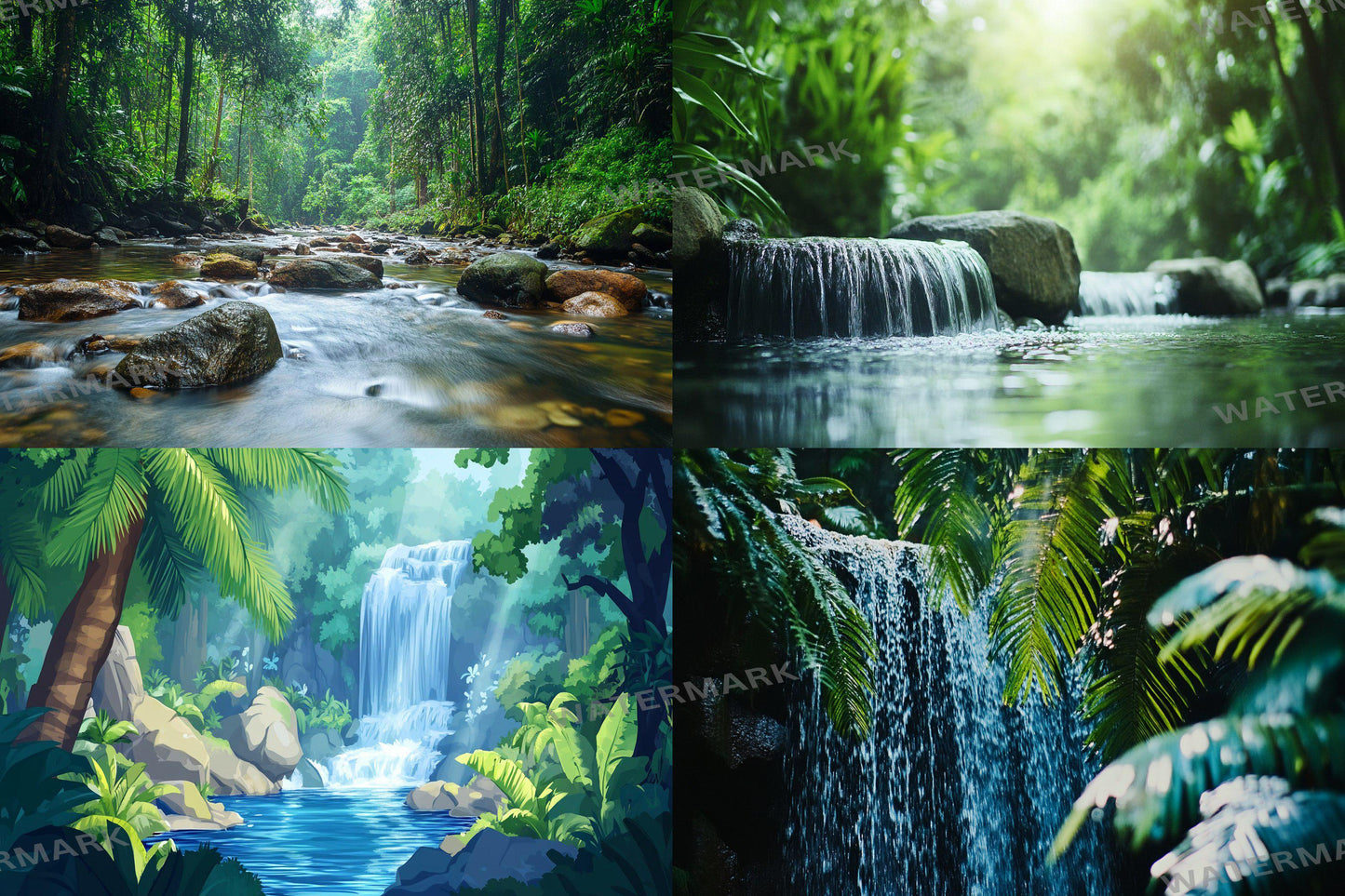 Tropical Forest streaming background, 16:9 ratio. Lush nature scenery with vibrant greenery and waterfalls, photography backdrop.