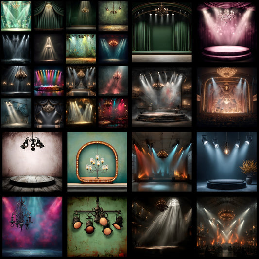 Stage Backdrop with Spotlights & Chandelier, Photography Background, Digital Download, Square Image, Concert Stage, Elegant Event, Photo Booth Prop