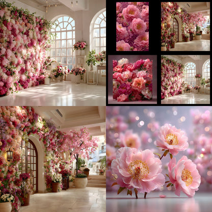 Pink Peony Flower Wall Digital Backdrop, Floral Photography Background for Spring, Square Photo Booth Prop, Wedding, Birthday Party, High Resolution Images