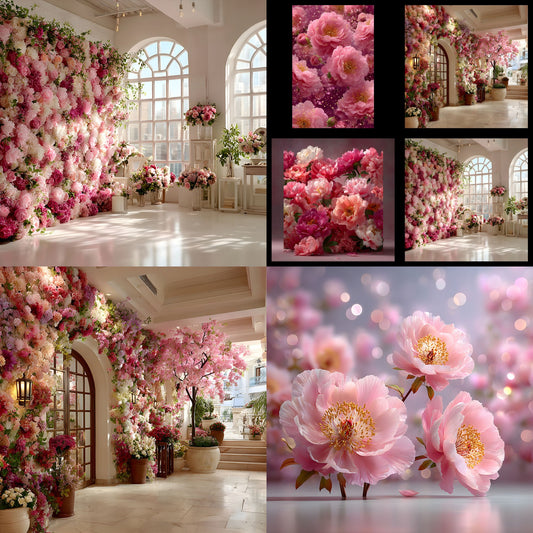 Pink Peony Flower Wall Digital Backdrop, Floral Photography Background for Spring, Square Photo Booth Prop, Wedding, Birthday Party, High Resolution Images