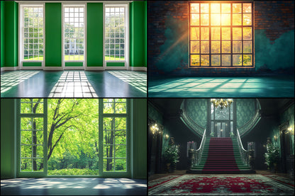 Royal Green Interior Digital Backdrop Collection, Photography Backgrounds, Elegant Home Photo Overlays, High-Resolution Images for Composites