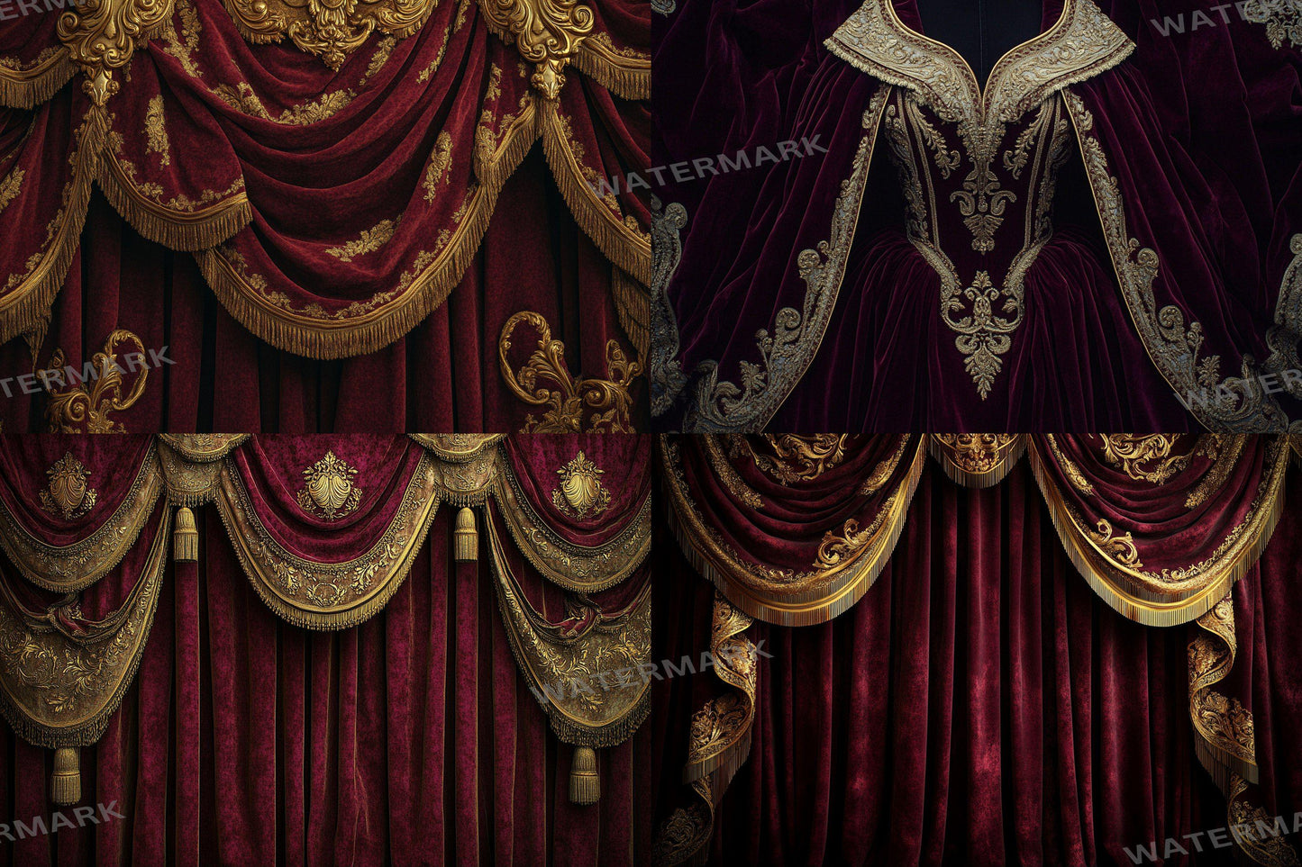 Opulent Gold Drapes Backdrops, Royal Velvet Curtains Digital Backgrounds, Luxury Red Gold Photography Props, Baroque Theatre Stage