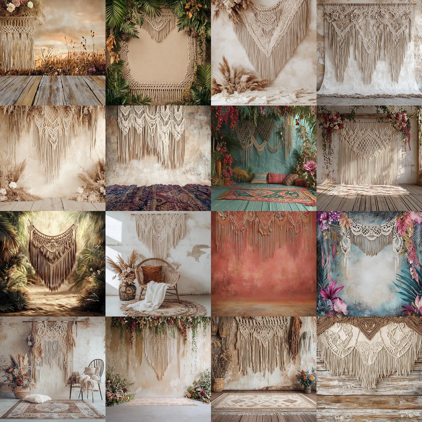 Boho Chic Backdrops | Macrame & Floral Rustic Digital Backgrounds | Boho Photography - Boho Scene, Photoshop, Indoor Photography Backdrop