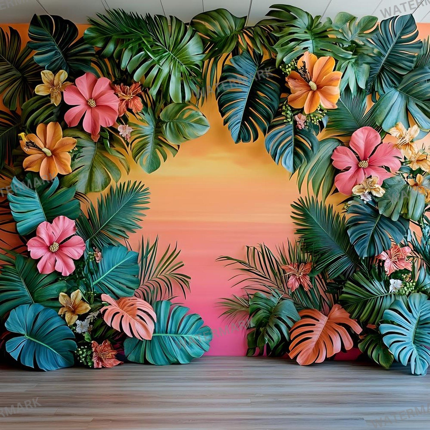 Tropical Luau Backdrops - Vibrant Beach & Palm Tree Digital Backgrounds for Summer Photography - Tropical, Hawaii, Studio Backgrounds