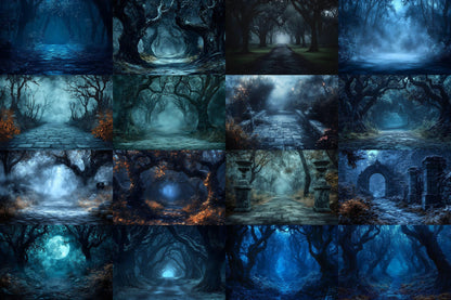 Spooky Forest Backdrops, Haunted Forest Backgrounds, Halloween Digital Scenes, Photoshop, Eerie Photography Overlays, Haunted Woodlands