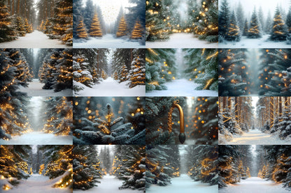 Snowy Forest Backdrops for Winter Photography, Holiday Scenes, and Photoshop Overlays, Christmas Lighting Backgrounds, Winter Backdrops