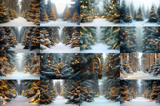 Snowy Forest Backdrops for Winter Photography, Holiday Scenes, and Photoshop Overlays, Christmas Lighting Backgrounds, Winter Backdrops