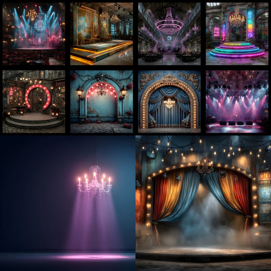 Neon Chandelier Stage Backdrop, Square Digital Background for Parties, Events, Photography, and Social Media Content Creation