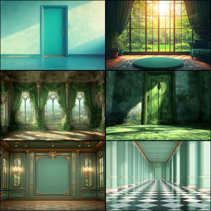 Royal Green Interior Digital Backdrop Collection, Photography Backgrounds, Elegant Home Photo Overlays, High-Resolution Images for Composites