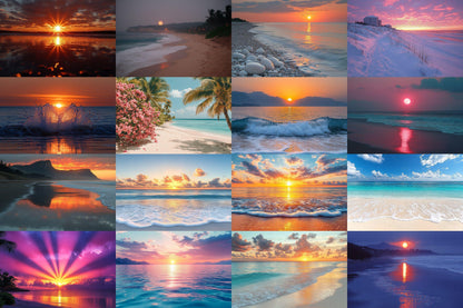 Beach Sunrise Backdrop: 19PNGs for Coastal Ocean Dawn Photography, Tropical Golden Hour Shore Scenes, Seaside Morning Digital Backdrops