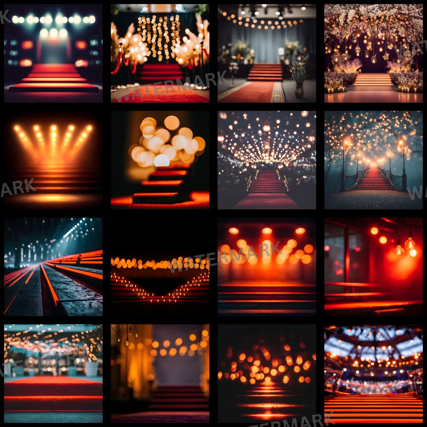 Empty Stage Red Stairs Lights Digital Backdrop, Photography Background, Theater Stage Photo Prop, Square Format, Dramatic Scene, High Resolution Image