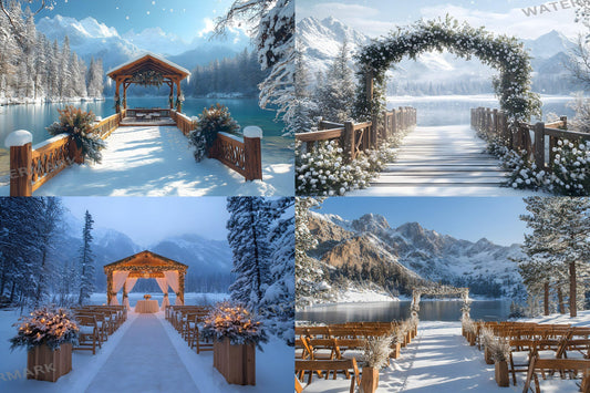 Snowy Mountain Wedding Backdrops - Romantic Alpine Digital Backgrounds