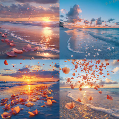 Sunset Oasis Backdrops, Dreamy Beach Photography Backgrounds, Pink Petal Shoreline Scenes, Sunset Beach Wedding and Maternity Backdrops